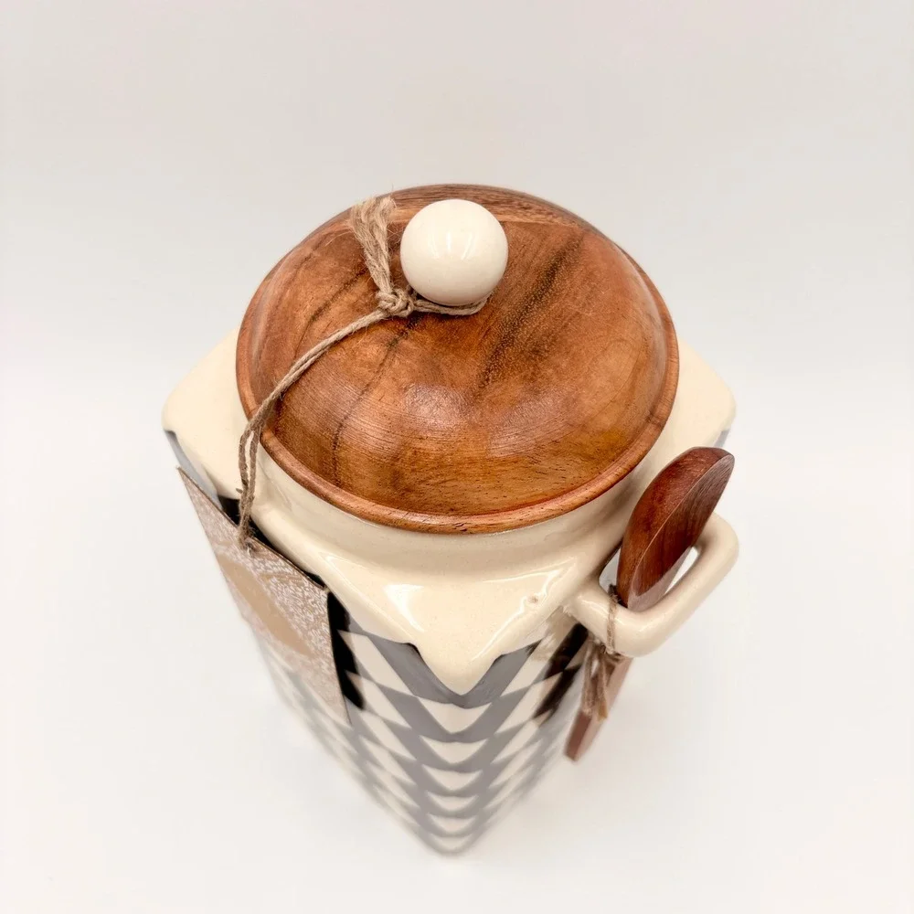 Hand Painted Black White Checkered Ceramic Canister with Wood Lid and Spoon